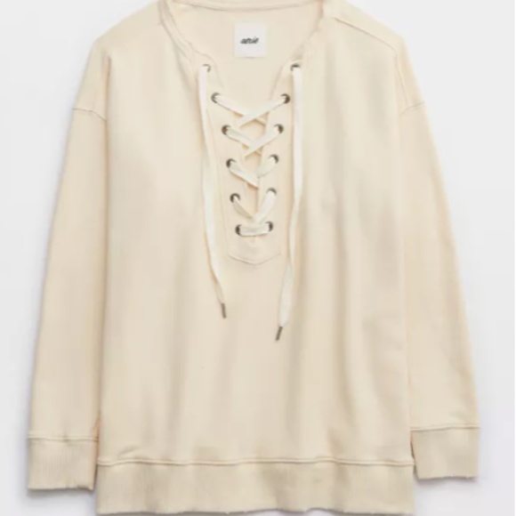 AERIE WOMENS OVERSIZED BOYFRIEND SWEATSHIRT LACE UP FRONT SIZE SMALL TAN CREAM - Picture 2 of 7